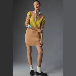 NEW Maeve Size L, Women's Varsity Half-Zip Tunic Mini Dress - Neutral Motif